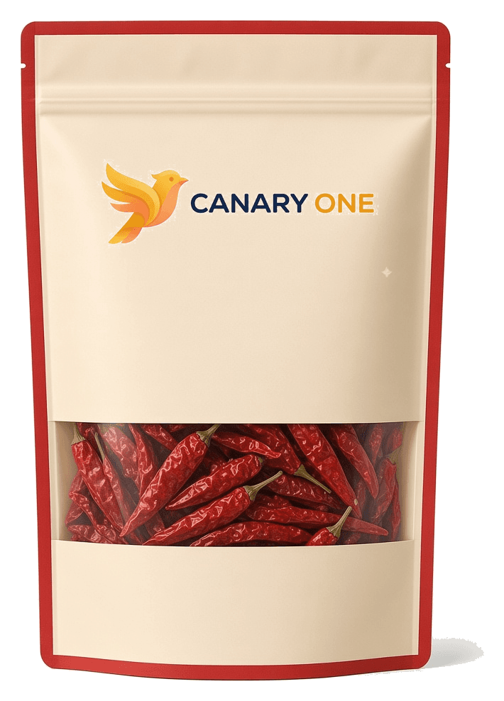 Dried red chillies in Canary One packaging